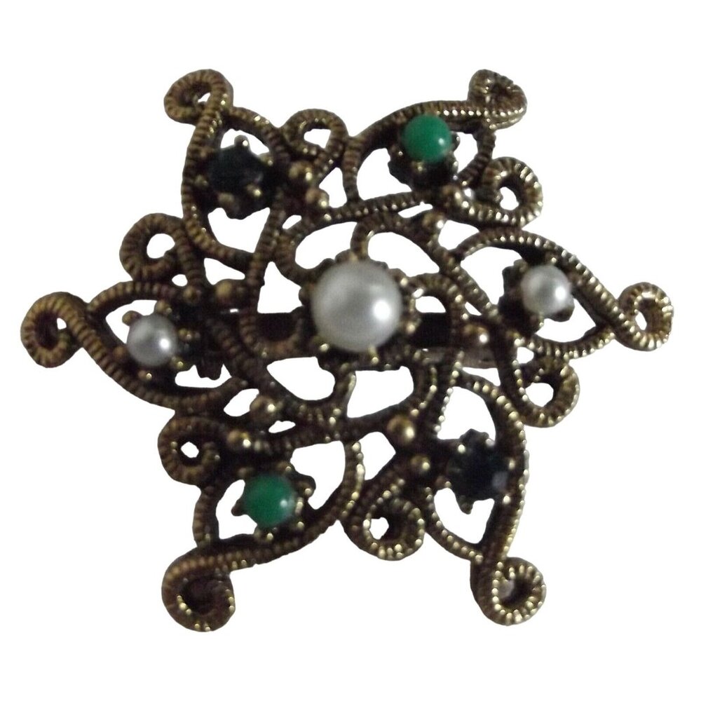 Vintage Brooch Pin Antiqued Gold Tone Hexagon Faux Pearl Green Gemstones 6-Sided